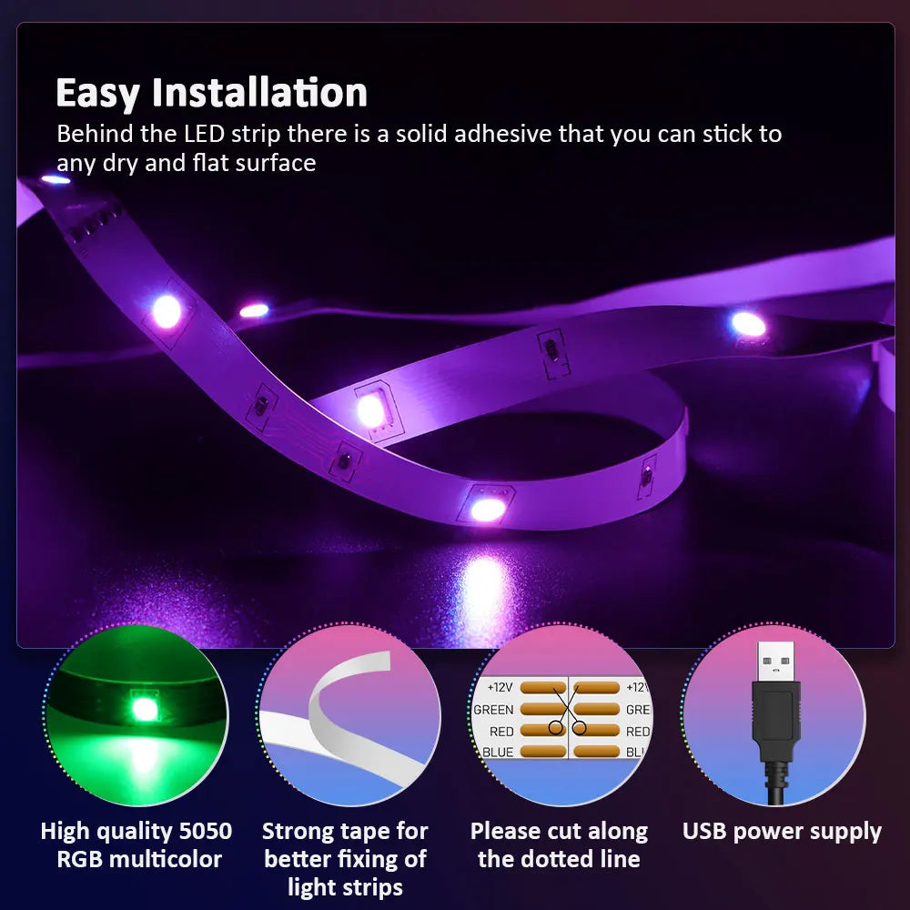 Tira de luces LED RGB 3535, 5 V, 1 m-30 m, 16 millones de colores, RGB, iluminación de tira LED con sincronización musical, cambio de color para fiestas en casa.