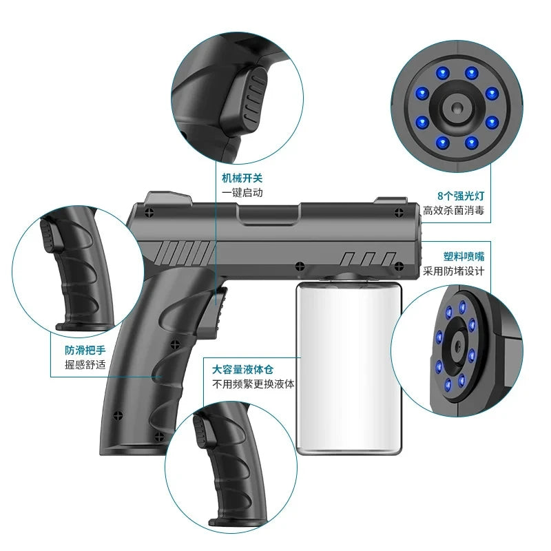Pistola desinfectante con vaporizador de luz azul nano USB de 280 ml, nuevo estilo, inalámbrica, eléctrica, para barbería y jardín.