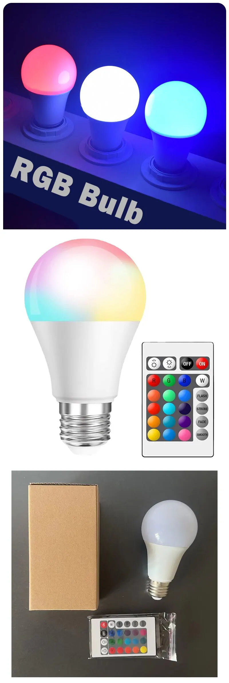 Bombilla LED RGB de 16 colores, multicolor, E27, 220 V, iluminación doméstica, regulable, control remoto de 24 teclas, lámpara inteligente, luz de ambiente.