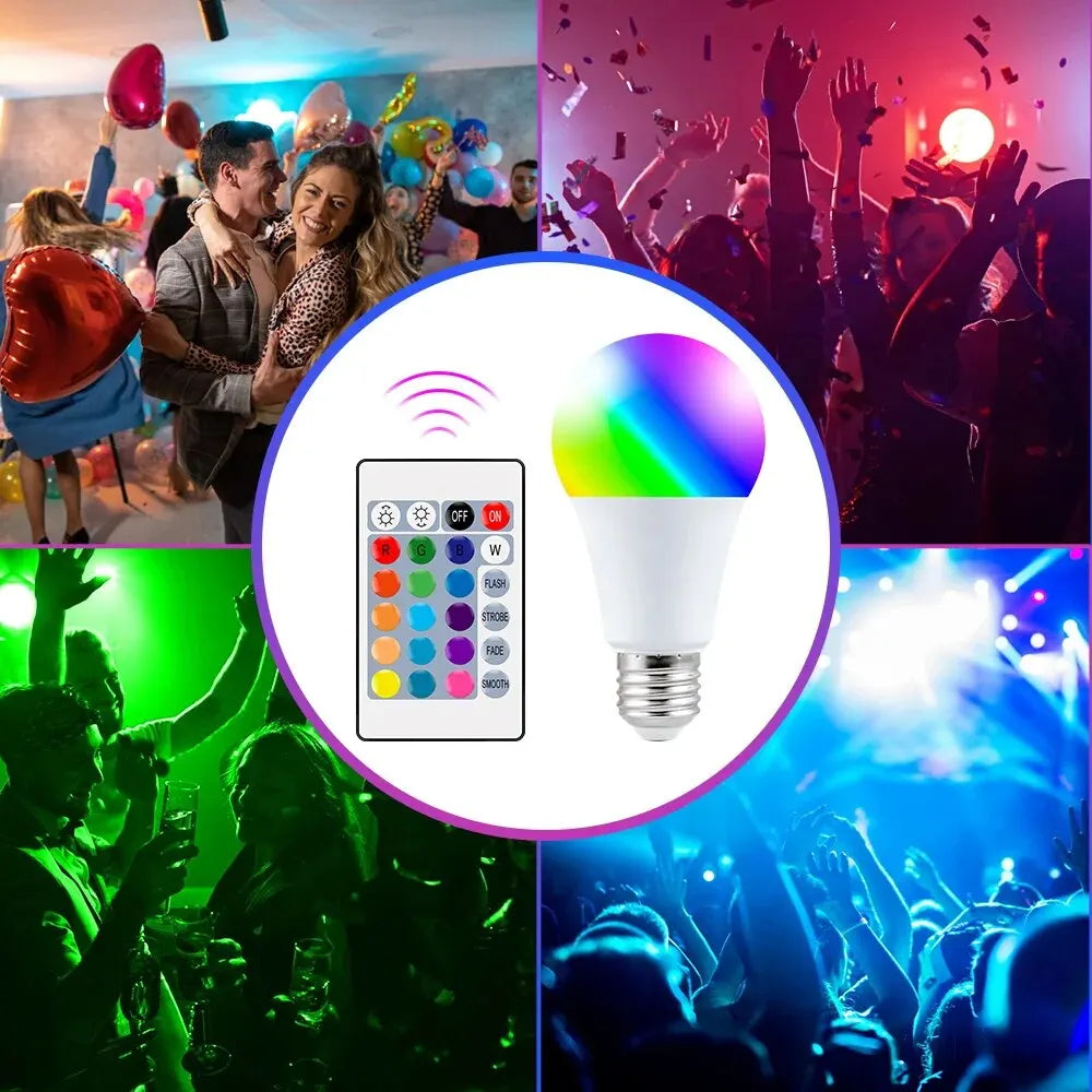 Bombilla LED RGB de 16 colores, multicolor, E27, 220 V, iluminación doméstica, regulable, control remoto de 24 teclas, lámpara inteligente, luz de ambiente.