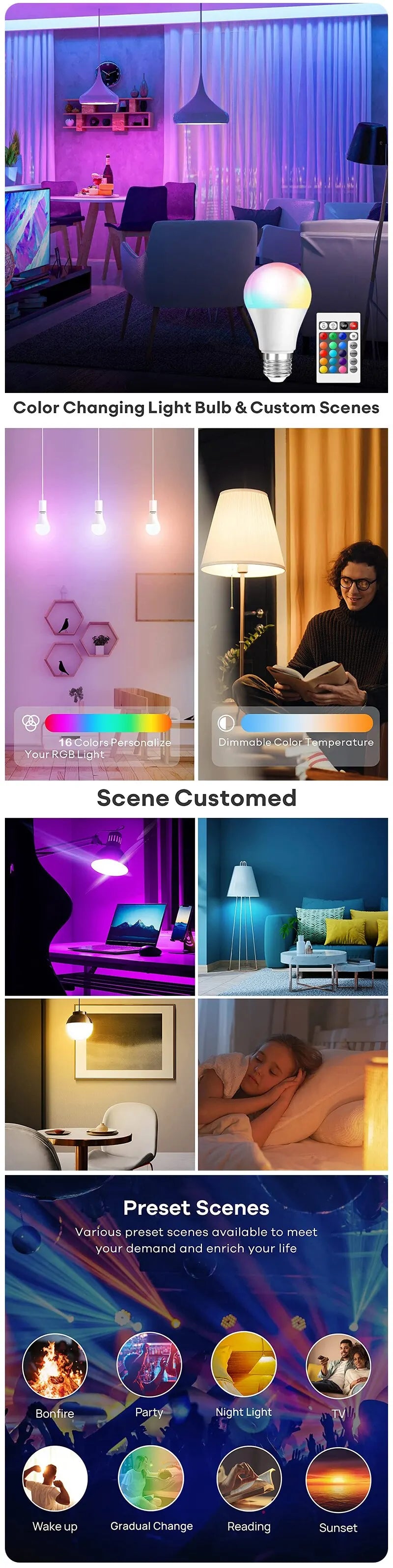 Bombilla LED RGB de 16 colores, multicolor, E27, 220 V, iluminación doméstica, regulable, control remoto de 24 teclas, lámpara inteligente, luz de ambiente.